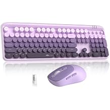 Wireless Keyboard and Mouse Combo Round keycaps Retro Typewriter Keyboard 104 Key Full-Sized Keyboards Automatic Power Saving 2.4GHz Wireless Connection for Mac/Windows/PC