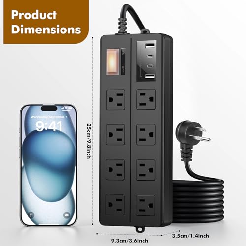 Image of IPX6 Waterproof Outdoor Power Strip, Overload Protector with 8 Wide Outlet 4 USB Ports (2A 2C), 6FT Extension Cord, Wall Mountable Weatherproof for Garden Patio Holiday Lights, UL Listed Black