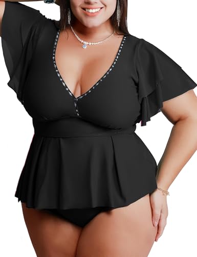 Womens Plus Size Tankini Tops Built in Padded Push Up Bathing Suit V Neck Ruffle Sleeves Bikini Top Only 2025