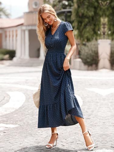 PRETTYGARDEN Womens Dresses 2025 Summer Maxi Dress Boho Short Sleeve V Neck Swiss Dot Ruffle Tiered Smocked Flowy Long Dress4