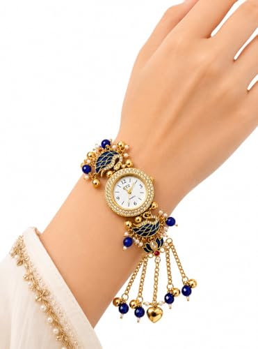 Image of Kashmiri Bracelet Watch for Women Stylish | Blue Swan Pearl Strap Analog Watch | Ethnic Fashion Jewellery Watch for Girls | Festive, Wedding, Party & Gift