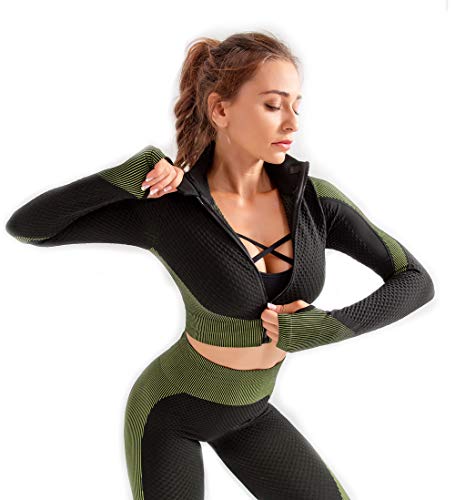 Redqenting Women’s Cute Crop Tops Long Sleeve Yoga Seamless Shirts with Thumb Holes Zip Up Sweatshirt