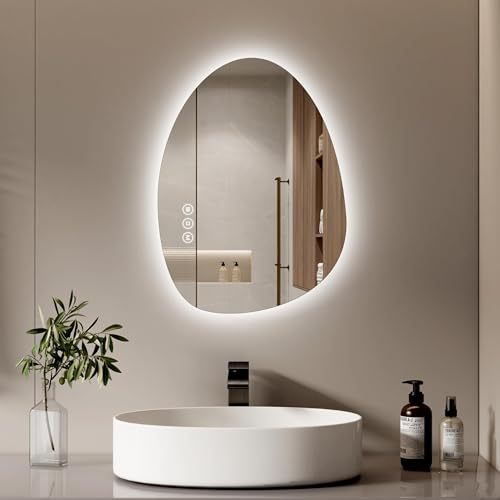 S'AFIELINA Bathroom Mirror with LED Lights 60 x 45 cm Asymmetrical LED Bathroom Mirror with Smart Touch Switch, 3 Colors Dimmable Light, Anti-Fog, Memory Function Wall Mounted Vanity Mirror