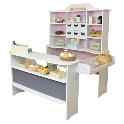 Roba Kaufladen Macaron Rosa-Weiss aus Holz - Großer Kaufmannsladen für...