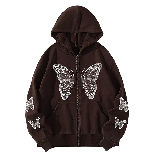 Sweat zippé femme Y2K imprimé papillon avec poches et coupe surdimensionnée