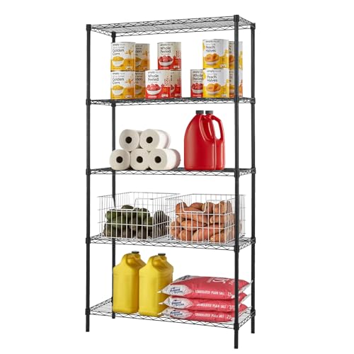 Furniture of America Upland 5 Tier Metal Shelving Units & Storage NSF Certified,Heavy Duty Height Adjustable Wire Shelf Rack for Kitchen, Office, Garage, Basement, Laundry Room, Black