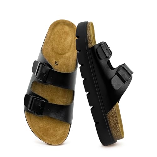 100% Genuine Leather Women's Suede Flat Sandals,Arch Support Slides with Adjustable Buckle Straps,Memory Foam Insole & Cork Footbed Platform Heel Slide for women,Casual Summer Beach Open Toe
