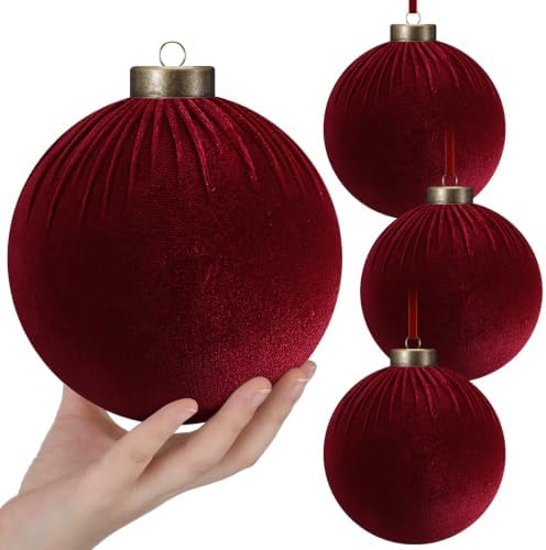HyDren 4 Pcs Velvet Christmas Ball Ornaments, Burgundy, 6 Inches