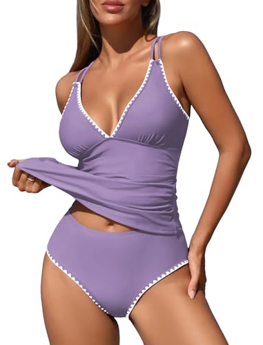 Image of ZAFUL Womens Tankini Swimsuits V Neck Push Up Swim Top Color Block Tummy Control High Waisted Bathing Suits Swim Bottom