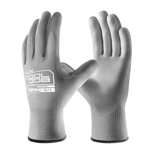 Image of COOLJOB 12 /60 Pairs Safety Work Gloves Pack Bulk with Grip PU Coating | Breathable Lightweight Gloves with Polyurethane Dipped for Men Women, 13 Gauge Seamless Knit Thin Gloves, Grey Medium