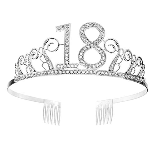 18 Geburtstag Krone Diadem Tiara mit Haarkamm Kristall Strass Silber Geburtstagsgeschenk zum 18 Jahre für Frauen Prinzessin Party Supplies und Dekorationen mit Kristall Silber