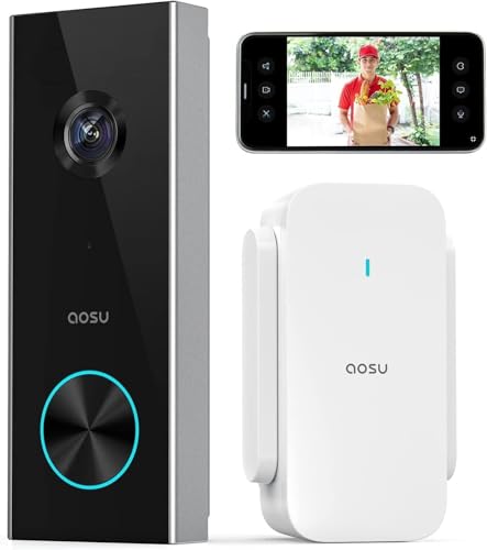 aosu Sonnette sans Fil avec Camera 2K HD Sonnette avec Camera 166° Sonnettes WiFi sans Fil Exterieur Etanche- Détection de Personnes, Audio Bidirectionnel,...