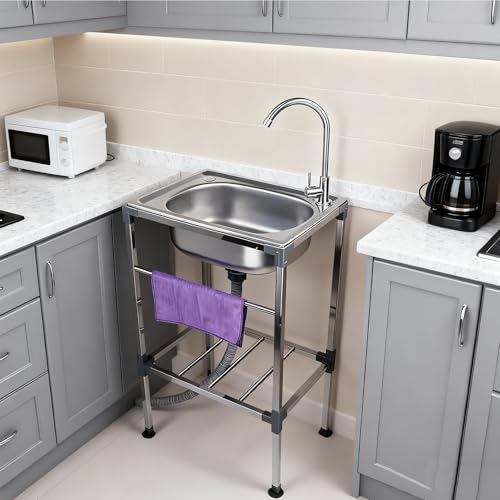 Fregadero de acero inoxidable con grifo de agua fría y caliente, fregadero de cocina independiente con desagüe y toallero, adecuado para restaurante, garaje, camping, jardín, balcón