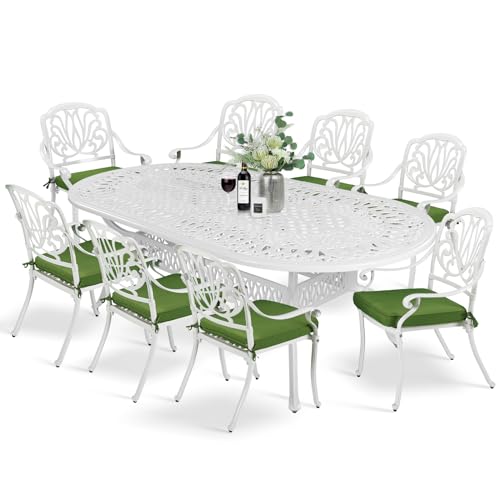 White Aluminum Outdoor Dining Set: Stylish Comfort for Your Patio Space 6 MEETWARM 9-Piece Outdoor Patio Dining Set, All-Weather Cast Aluminum Patio Conversation Set for Backyard Garden Deck with 1 Oval Table, 8 Outdoor Dining Cushioned Chairs, 2