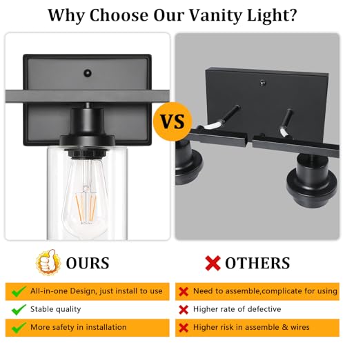 Image of Ascher Bathroom Light Fixtures, 3 Light Vanity Light with LED Bulbs Included, Black Wall Sconces with Clear Glass Shades for Mirror, Kitchen, Living Room, Hallway, Cabinet