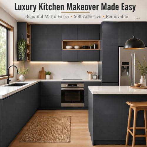 Image of HOME13 Matte Wallpaper Peel and Stick Charcoal Black Contact Paper Self Adhesive Wall Paper Decorative Removable Waterproof Vinyl Wall Sticker for Kitchen Cabinets Shelves Drawers(20x150 Inch)