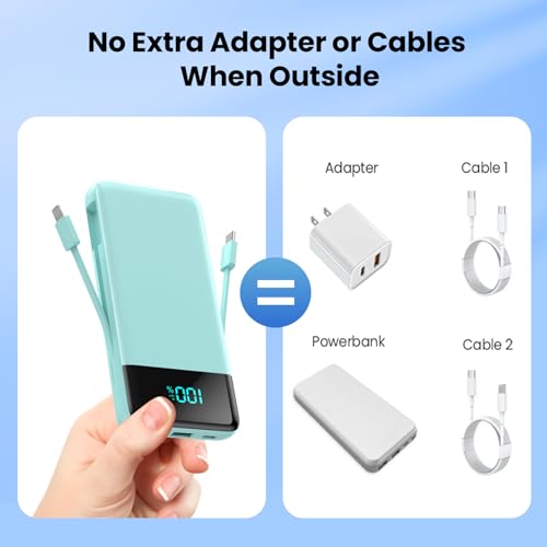 Image of Portable Charger for iPhone,13800mAh Slim Power Bank with Built-in Cables & AC Wall Plug,All in One 4 Outputs USB C Fast Charging Battery Pack Travel Essential for iPhone 17 /16 /15 /14,Android (Green)
