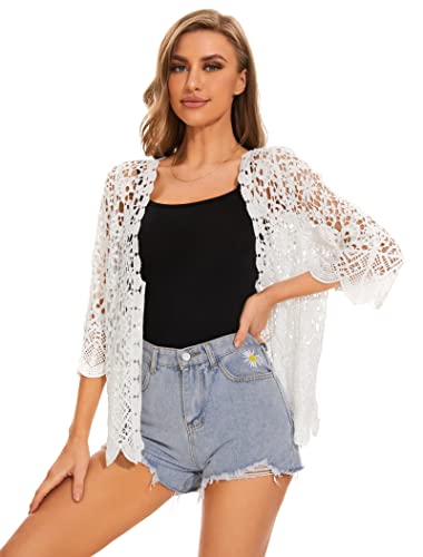 Women's Cotton Casual Floral Lace Crochet 3/4 Sleeve Cardigan Boho Cover Up2