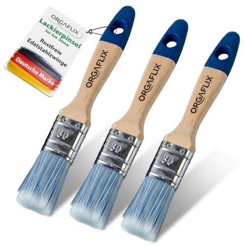 ORGAFLIX Lackpinsel 30mm Premium - 3er Set - für Lack und Farbe - Kein Borstenverlust - Lackierpinsel Perfekt für Metallschutzlack Flachpinsel Holz außen Borstenpinsel Malerpinsel