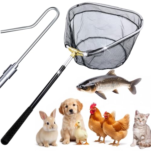 SHANWORN Retractable Poultry Chicken Catcher Net - Heavy-Duty Stainless Steel Extendable 16" to 58.5" Triangle Chicken Net with Secure Leg Hook for Safely Catching Chickens, Duck, Geese and Small Bird
