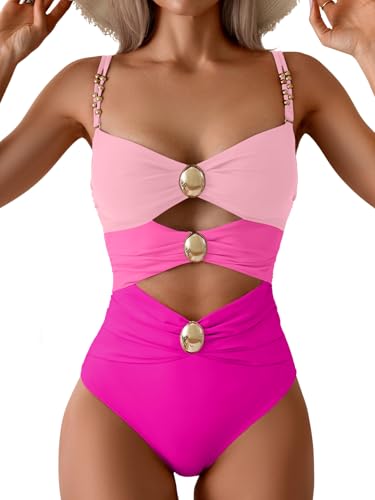Image of B2prity Cutout One Piece Swimsuit Tummy Control Ruched Monokini Color Block Bathing Suit for Cruise Vacation