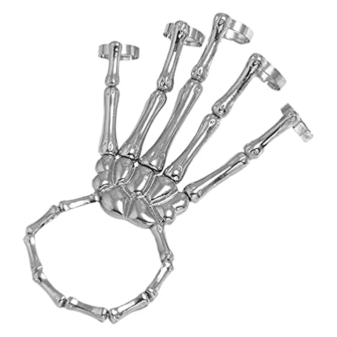 Holibanna Punk Wristband Skull Fingers Metal Skeleton Hand Bracelet with Ring Exaggerated Metal Skull Finger Bone Joint Bracelet for Women Girls Party Gifts Jewelry (Silver -466) Cover
