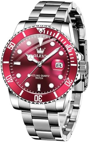 OLEVS Luxury Watches for Men, Business Classic Mens Analog Dress Watches, Stainless Steel Red Face Large Dial Relojes para Hombres Easy to Read Date Casual Men's Watch, Waterproof Watch for Mens
