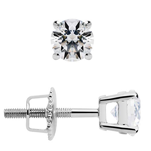 14K Solid White Gold Stud Earrings | Round Cut Cubic Zirconia | Screw Back Posts | 0.5 CTW | With Gift Box