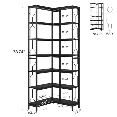 Image of Tribesigns Corner Shelf, 7-Tier Industrial Corner Bookshelf, Wood and Metal Corner Etagere Bookcase, Freestanding Display Shelf for Living Room, Kitchen, Home Office, Light Black
