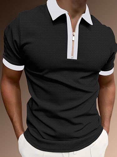 Image of KAJARU Men's Waffle Knit Polo T-Shirt, Short Sleeve, Zip Collar with White Trim (POLO-8034)