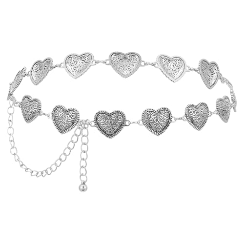Western Heart Chain Belts for Women, Metal Concho Trendy Cowgirl Boho Belt for Country Skirt Jeans Dresses Pants