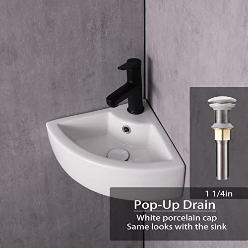Pakroman Wall Mount Vessel Sink Small Bathroom Sink Corner Sink Triangle Bathroom Vessel Sink 18"X13" White Porcelain Ceramic Mini Vessel Vanity Sink With Overflow Pop-Up Drain, Soap Dish #TOP5