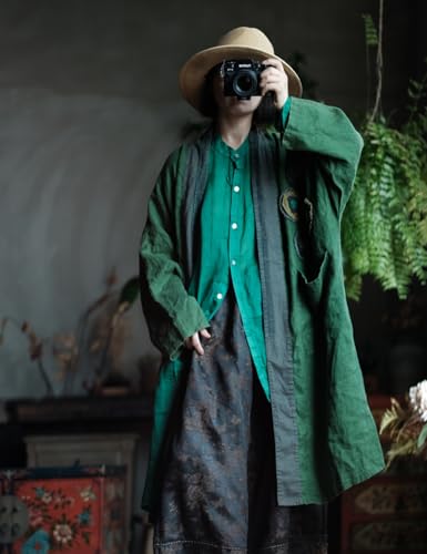 NFYM Women Loose Vintage Linen Kimono Trench Coat Applique Flower Open Front Cardigan Jacket Long Outwear with Pockets (US, Alpha, One Size, Regular, Regular, Green)