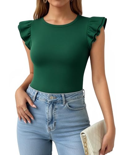 MANGOPOP Women Crew Neck Ruffle Sleeveless Tops Going Out Shirt Casual Blouses Spring 2026 Summer T Shirts Green XX-Large