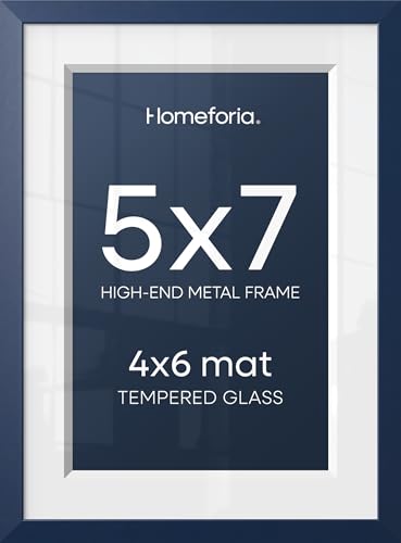 Image of Homeforia 5x7 Blue Picture Frame, High-End Metal, 4x6 Mat, Glass | High End Aluminum, Tempered Glass, Acid-Free 4x6 Removable Mat, 5x7 in Edge-to-Edge Display 7x5, Wall Kit, Set Of 1