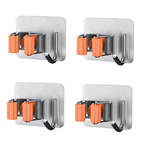 Colgador de Escobas 4 Piezas , Autoadhesivo Sin Perforar Acero Inoxidable Organizador Soporte de Escobas,para Organizar y Colgar las Herraminetas Limpias Cocina Baño Restaurante Cover