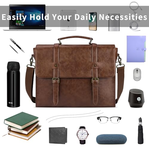 Leather Mens Messenger Bag Vintage 15.6 Inch Waterproof Leather Laptop Briefcase Satchel Shoulder Bag Computer Laptop Bag, Dark brown - Image 4