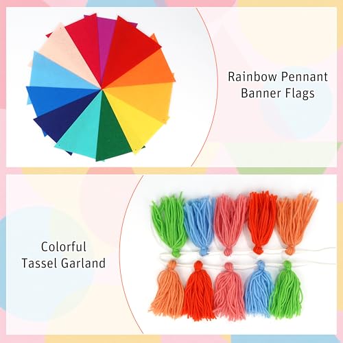 Image of Happy Birthday Banner Decoration Set - Includes Colorful Rainbow Felt Happy Birthday Sign, 3 Garlands, Hanging Spirals, Honeycomb Paper Balls for Baby Shower Party Decor and Kids Celebration