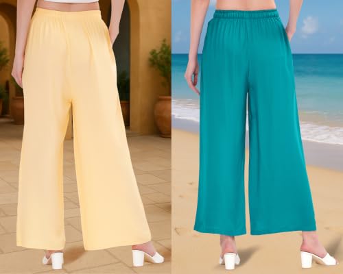 Image of Buy That Trendz Palazzo Pants for Women Cotton Rayon Elasticated Regular Fit Flared Wide Leg M to 6XL Pack of 2