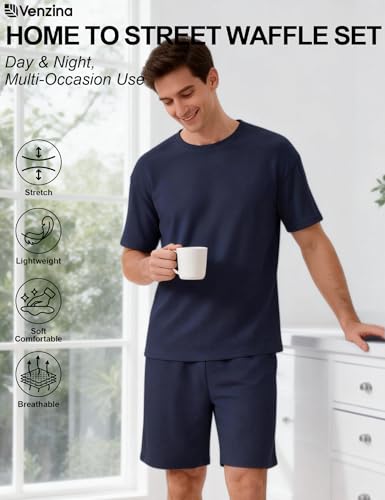 Image of Venzina Men's Waffle-Knit T-Shirt & Shorts Set Breathable Stretchable Lounge Wear Loose Fit Night Suit for Home, Travel