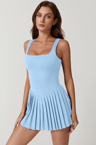 Image of QINSEN Womens Square Neck Tennis Dress Pleated Sleeveless Built in Shorts Golf Athletic Dress with Pockets