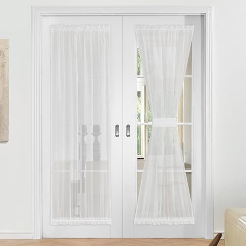 NICETOWN 2 Panels Sheer French Door Curtains 72 Inches Long Dual Rod Pocket Semi Sheer Curtains for Kitchen Living Room Glass Door with Tieback for Pr