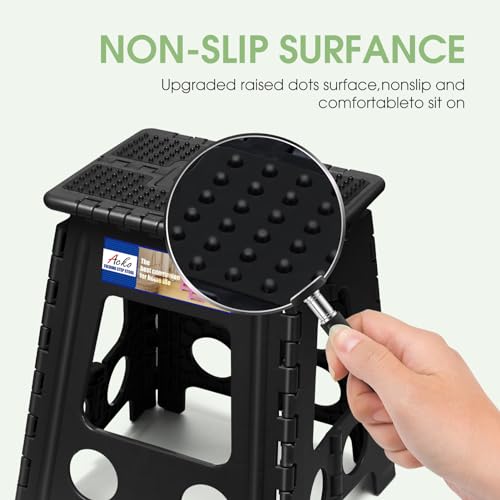 Image of ACKO Folding Step Stool Foldable 16 Inch Stools for Adults and Kids, Plastic Stools Tall 400 lbs Capacity, Collapsible Stool for Kitchen Stepping Foot Stool with Handle, Dot Black,1 PC