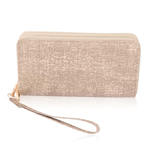 Classic Leatherette Zip Around Wallet - Vegan Leather Zipper Clutch Purse Coin Card Slots, Removable Wristlet (Double Zip Wristlet - Textured Light Brown)