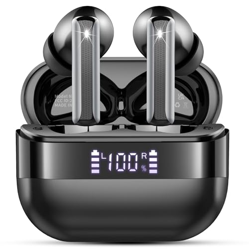 Wireless Earbuds, 2025 Bluetooth 5.4 Headphones Bass Stereo, Ear Buds with 4 Mics ENC Noise Cancelling, Bluetooth Earbuds 48H Playtime LED Display Charging Case, IP7 Waterproof in Ear Earphones, Black