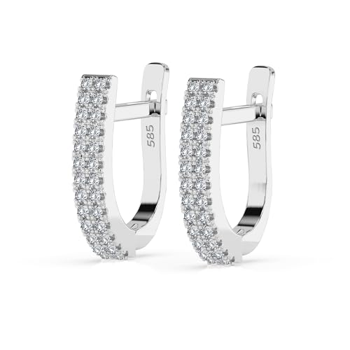 Aros de Oro Blanco 585 con 52 Diamantes 0.22 ct - Pendientes de Aro para Mujer en Oro Auténtico - Joya Clásica