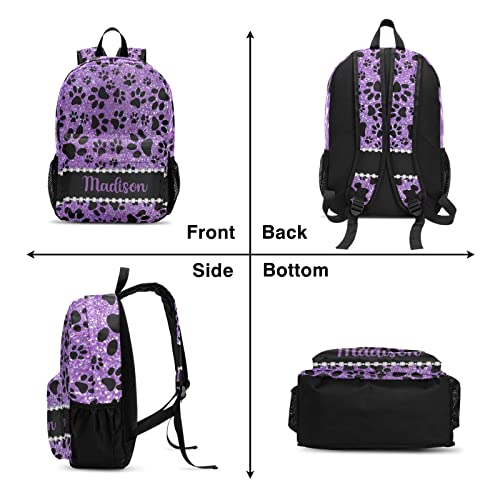 Dog Paw Purple Glitter Print Personalized Backpack Custom Text Unisex Bookbag for Boy Girl Travel Daypack Bag Purse 17.7 IN(CBR3040)2
