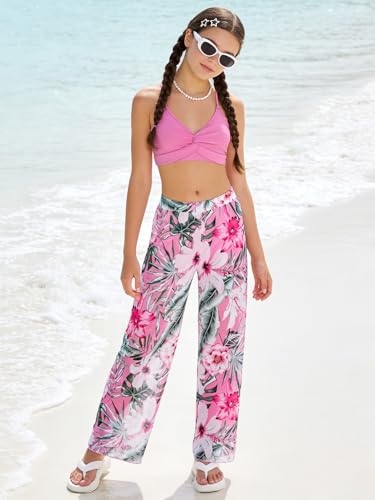 Image of Girls Swimsuit 3 Piece Bathing Suit Criss Cross Bikini Set Tropical Floral Swimwear with Mesh Cover Up Pants Size 9-16Y
