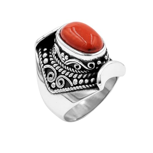 Bague corail naturel argent 925 anti irritation style tribal gravé