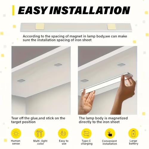 Image of Under Cabinet Lights Rechargeable, Motion Sensor Under Cabinet LED Light, 3 Color Modes Wireless Rechargeable Closet Light, Super Bright Stick-On Light Bars for Kitchen (20 CM)